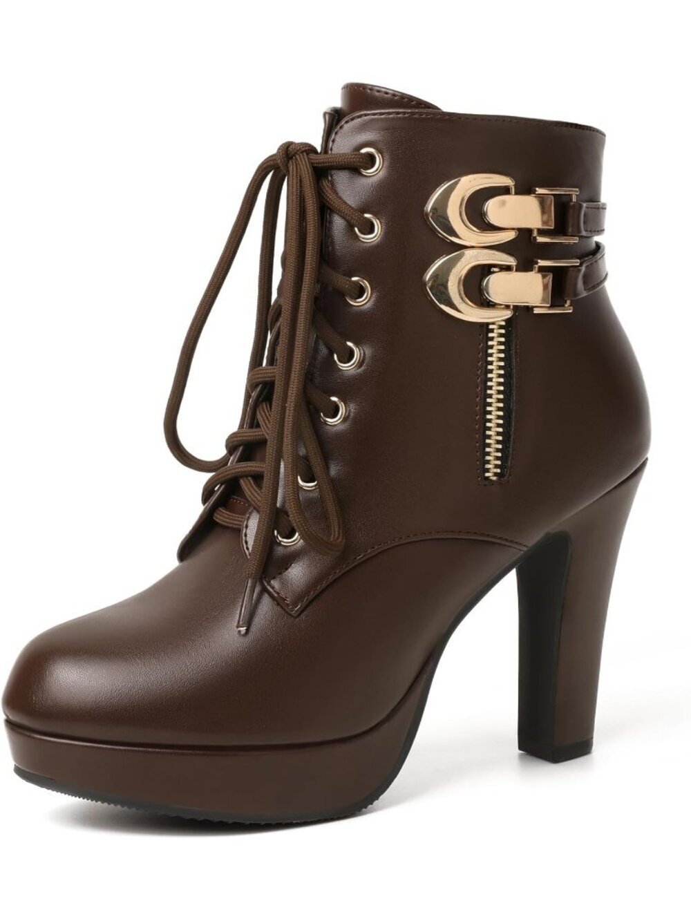Women's Platform High Heel Sexy Round Toe Lace Up Mid Calf Brown Combat Shoes